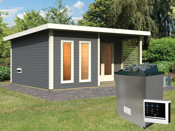 Karibu Saunahaus Mainburg 5 Set A terragrau- 9 kW Ofen ext. Strg