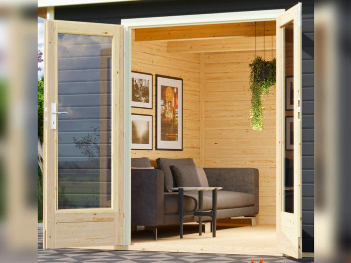 Karibu Saunahaus Mainburg 5 Set A terragrau- 9 kW Bioofen ext. Strg