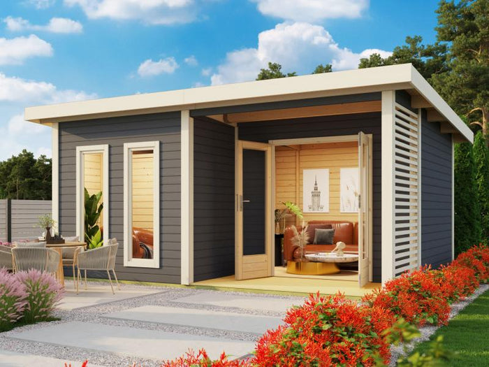 Karibu Saunahaus Mainburg 5 Set B terragrau- 9 kW Bioofen ext. Strg