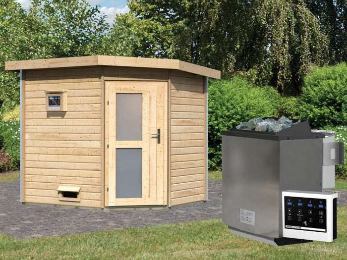 Karibu Saunahaus Mikka 38 mm- 9 kW Bioofen ext. Strg- Milchglastür