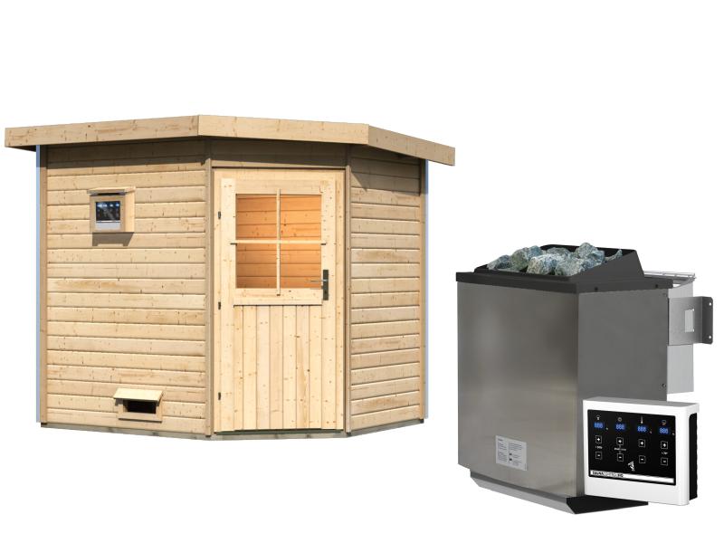 Karibu Saunahaus Mikka 38 mm inkl. 9 kW Bioofen ext. Steuerung -klassische Tür
