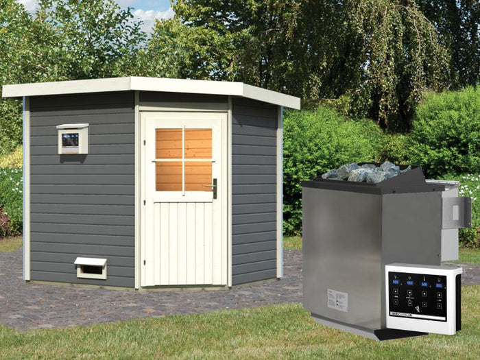 Karibu Saunahaus Mikka 38 mm -terragrau- inkl. 9 kW Bioofen ext. Steuerung -klassische Tür