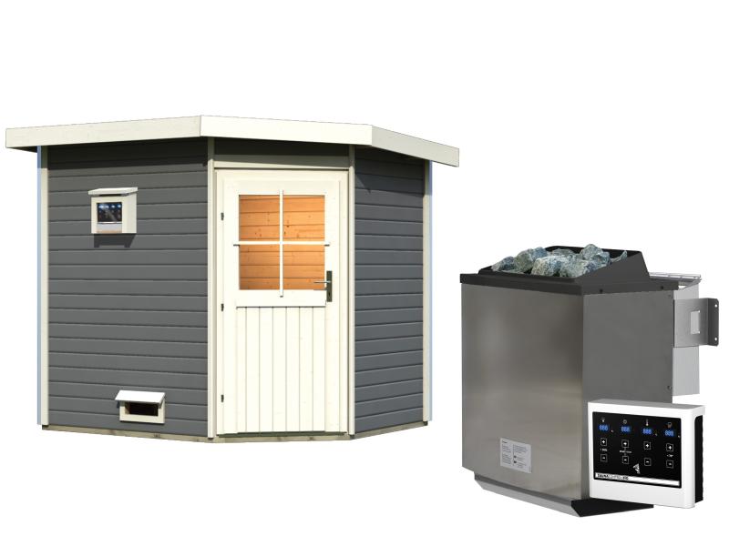 Karibu Saunahaus Mikka 38 mm -terragrau- inkl. 9 kW Bioofen ext. Steuerung -klassische Tür