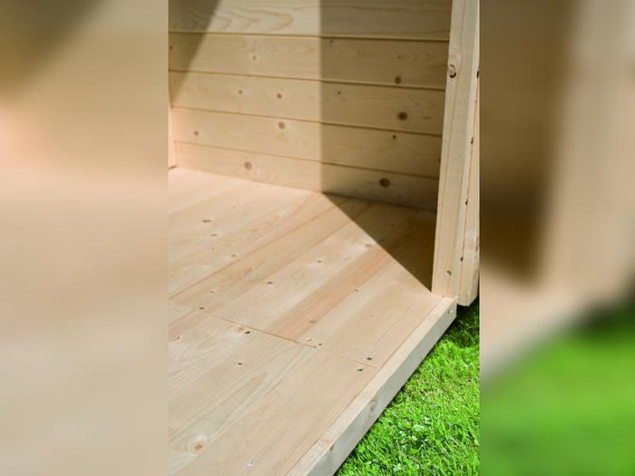 Karibu Saunahaus Mikka 38 mm -terragrau- inkl. 9 kW Bioofen ext. Steuerung -klassische Tür