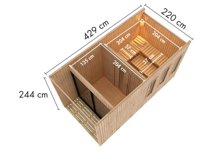 Karibu Saunahaus Miramar natur, inkl. 9 kW Ofen ext. Steuerung, inkl. Vorraum, 73 mm