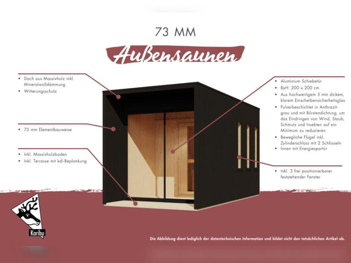 Karibu Saunahaus Miramar schwarz 73 mm inkl. 9 kW Ofen externe Steuerung mit Vorraum