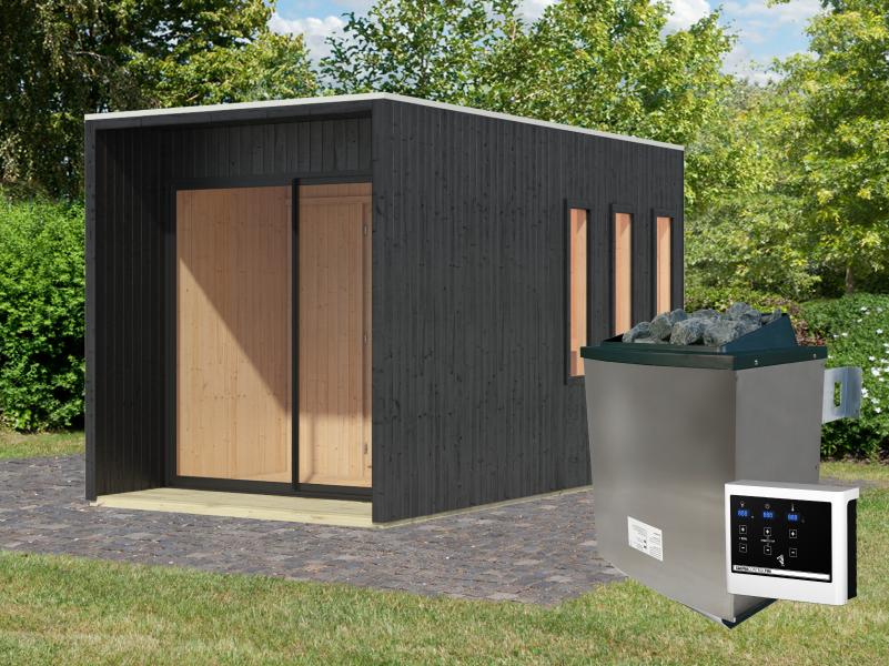 Karibu Saunahaus Miramar schwarz 73 mm inkl. 9 kW Ofen externe Steuerung mit Vorraum