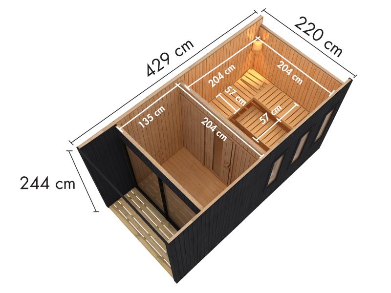 Karibu Saunahaus Miramar schwarz 73 mm inkl. 9 kW Ofen externe Steuerung mit Vorraum