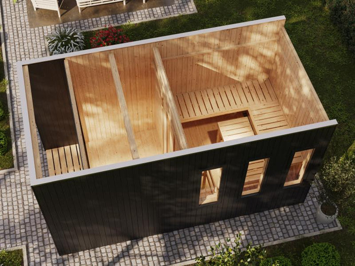 Karibu Saunahaus Miramar schwarz 73 mm ohne Ofen, inkl. Vorraum