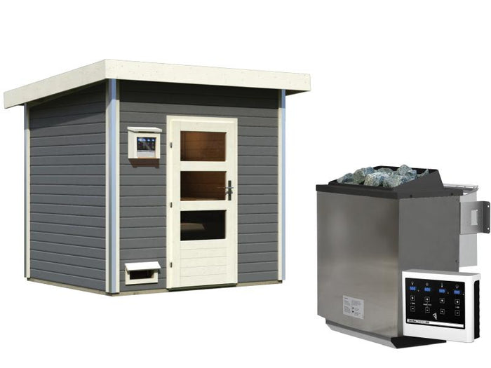 Karibu Saunahaus Norge 38 mm- 9 kW Bio Ofen ext. Strg. - moderne Tür- terragrau