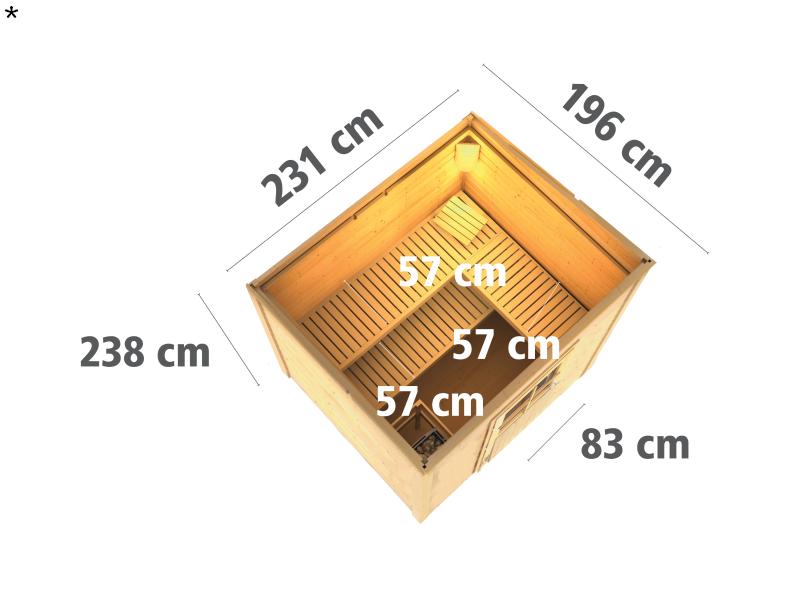 Karibu Saunahaus Norge 38 mm- 9 kW Bio Ofen ext. Strg. - moderne Tür- terragrau