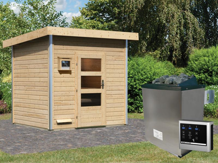 Karibu Saunahaus Norge 38 mm- 9 kW Ofen ext. Strg- moderne Tür