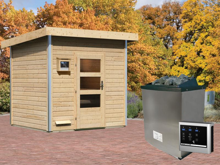 Karibu Saunahaus Norge 38 mm- 9 kW Ofen ext. Strg- moderne Tür