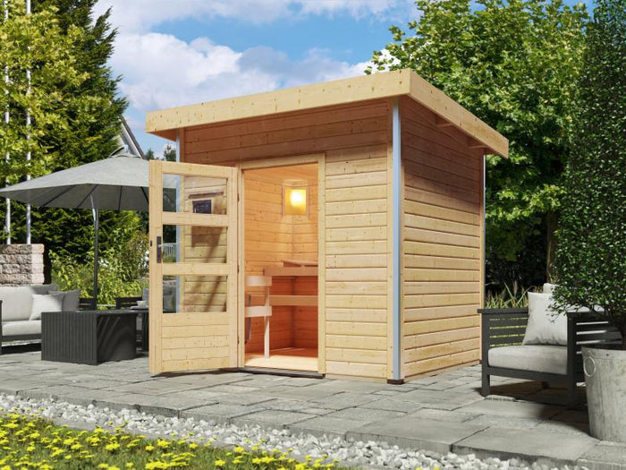 Karibu Saunahaus Norge 38 mm- 9 kW Ofen ext. Strg- moderne Tür