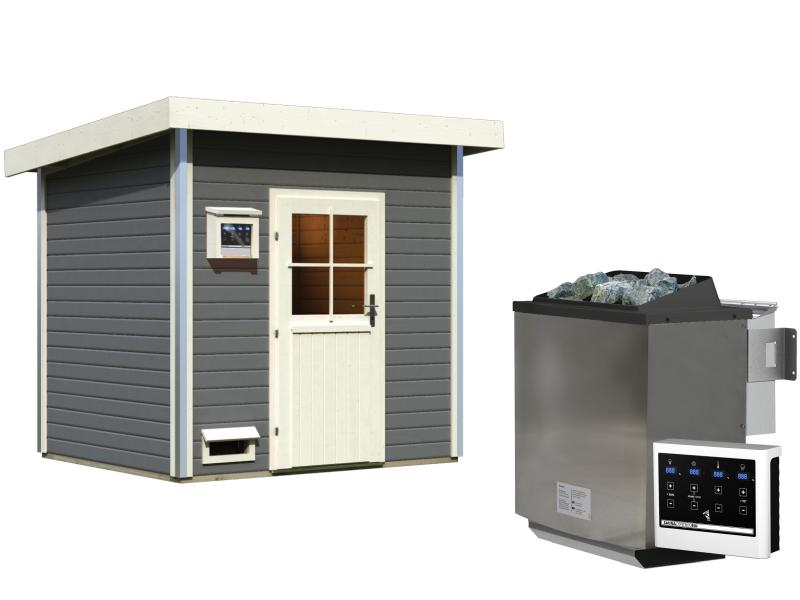 Karibu Saunahaus Norge terragrau, inkl. 9 kW Bioofen ext. Steuerung -klassische Tür-
