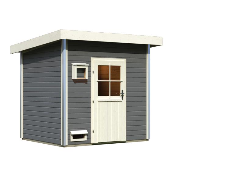 Karibu Saunahaus Norge, terragrau, mit klassischer Tür -ohne Ofen-