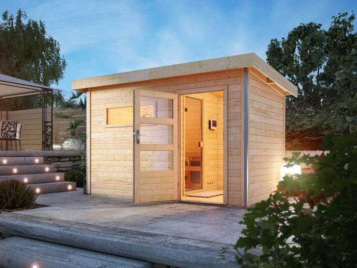 Karibu Saunahaus Skrollan 1 38 mm- 9 kW Bioofen ext. Strg- klarglas Tür