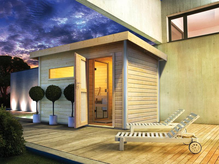 Karibu Saunahaus Skrollan 1 38 mm- 9 kW Ofen ext. Strg- Milchglastür