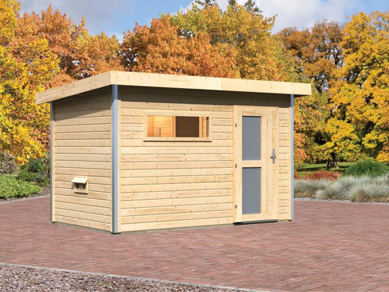 Karibu Saunahaus Skrollan 1 38 mm- ohne Ofen- Milchglastür