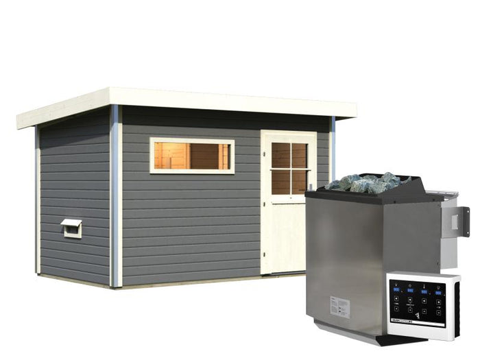 Karibu Saunahaus Skrollan 1 in terragrau- 38 mm- 9 kW Bioofen ext. Steuerung- klassische Tür