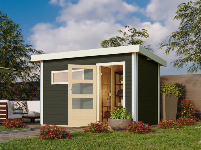 Karibu Saunahaus Skrollan 1 in terragrau- 38 mm- ohne Ofen- moderne Tür