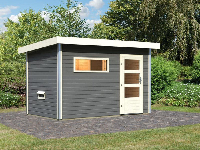 Karibu Saunahaus Skrollan 1 in terragrau- 38 mm- ohne Ofen- moderne Tür