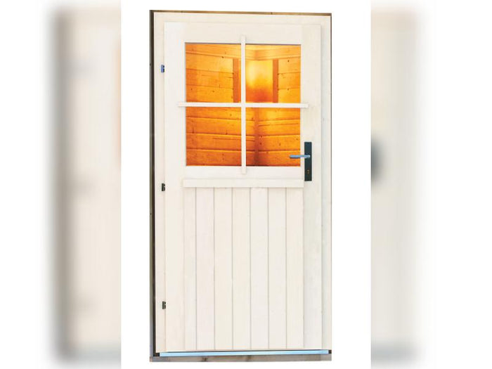 Karibu Saunahaus Skrollan 1 in terragrau- 38 mm- ohne Ofen- klassische Tür