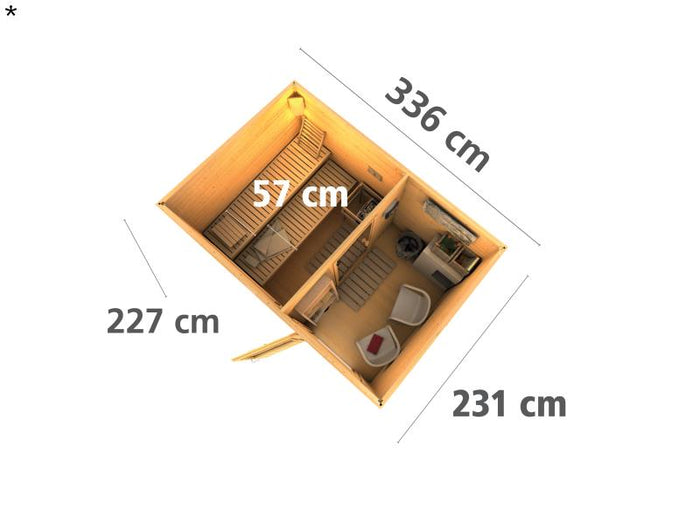 Karibu Saunahaus Skrollan 2 38 mm- 9 kW Ofen ext. Strg- Milchglastür