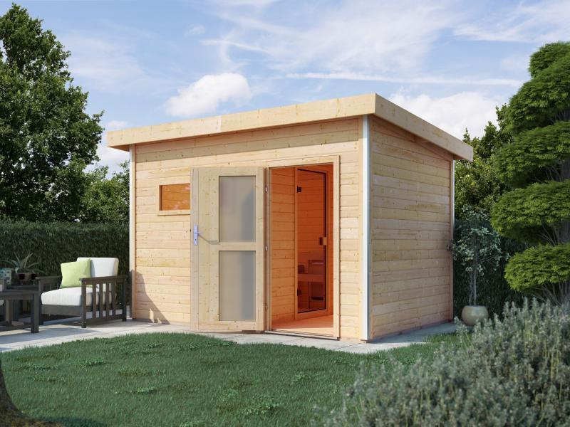 Karibu Saunahaus Skrollan 2 38 mm- 9 kW Ofen ext. Strg- Milchglastür