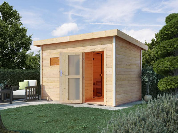 Karibu Saunahaus Skrollan 2 38 mm- 9 kW Ofen ext. Strg- Milchglastür