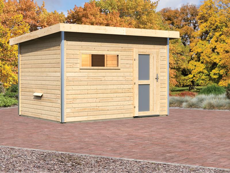 Karibu Saunahaus Skrollan 2 38 mm- ohne Ofen- Milchglastür