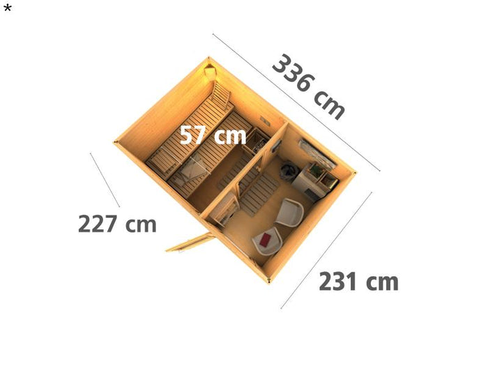 Karibu Saunahaus Skrollan 2 38 mm- ohne Ofen- Milchglastür