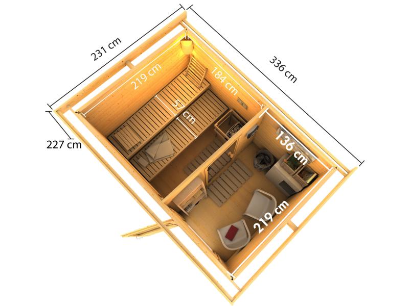 Karibu Saunahaus Skrollan 2 in terragrau- 9 kW Bioofen ext. Steuerung- klassische Tür