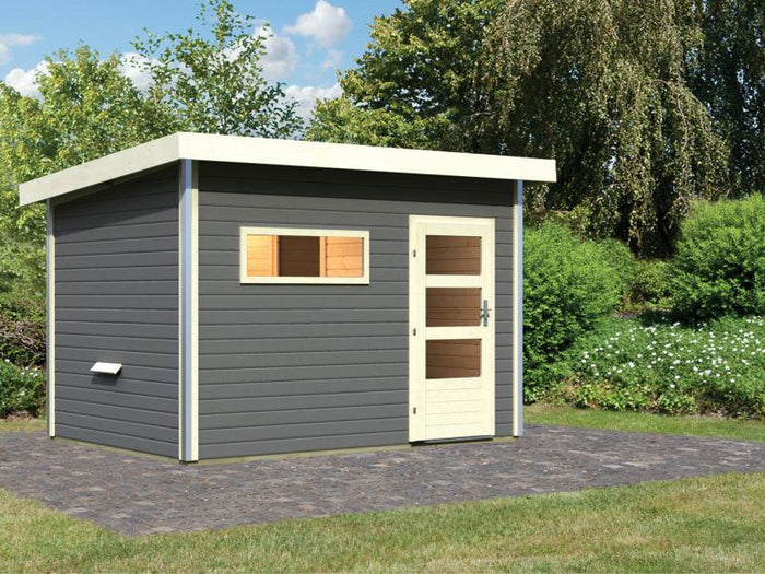 Karibu Saunahaus Skrollan 2 in terragrau- ohne Ofen- moderne Tür