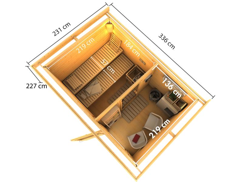 Karibu Saunahaus Skrollan 2 in terragrau- ohne Ofen- klassische Tür