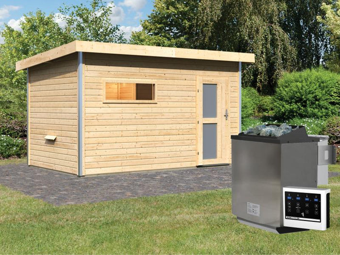 Karibu Saunahaus Skrollan 3 38 mm- 9 kW Bioofen ext. Strg- Milchglastür