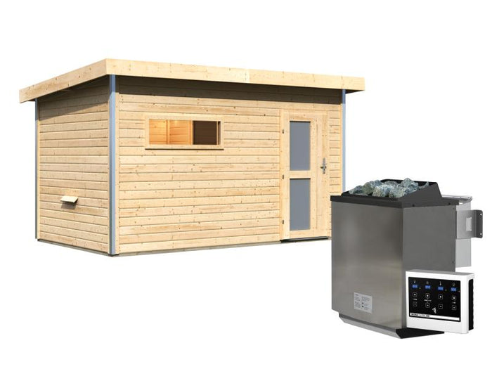 Karibu Saunahaus Skrollan 3 38 mm- 9 kW Bioofen ext. Strg- Milchglastür