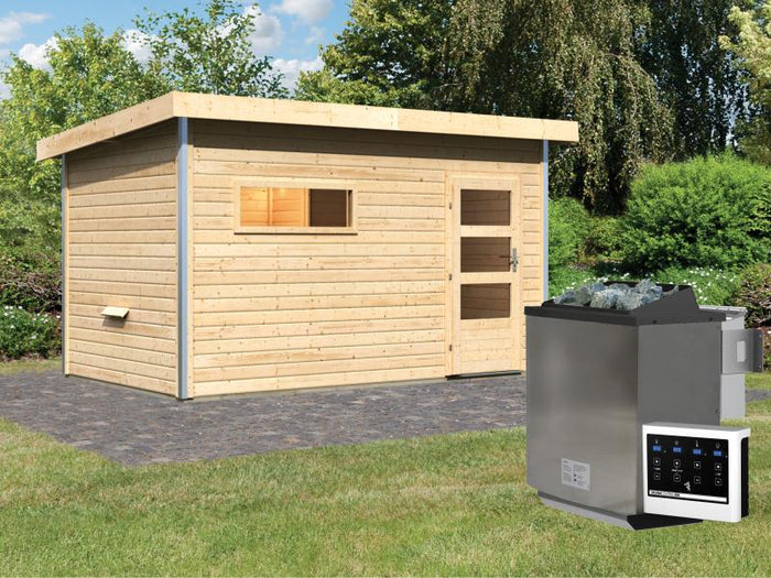 Karibu Saunahaus Skrollan 3 38 mm- 9 kW Bioofen ext. Strg- moderne Tür