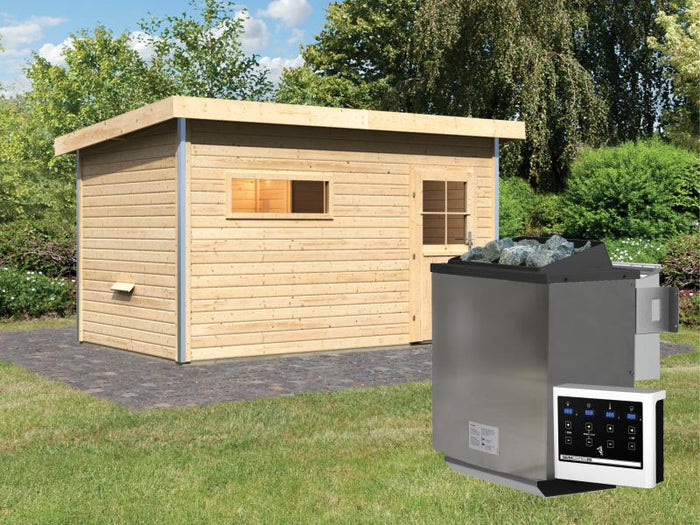 Karibu Saunahaus Skrollan 3 38 mm- 9 kW Bioofen ext. Steuerung -klassische Tür