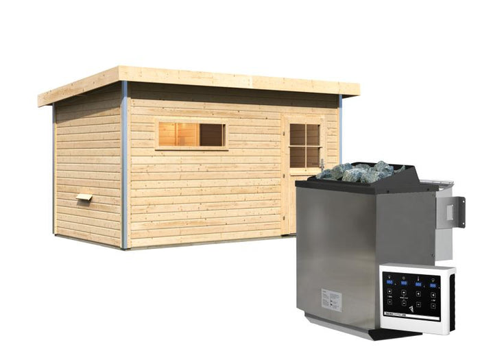 Karibu Saunahaus Skrollan 3 38 mm- 9 kW Bioofen ext. Steuerung -klassische Tür