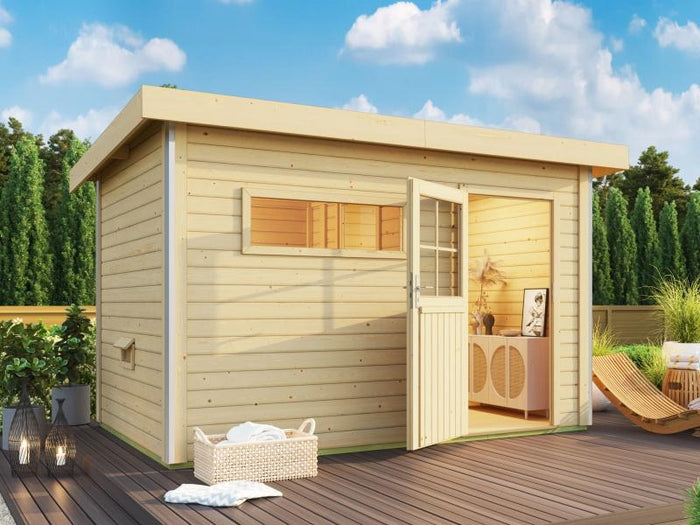 Karibu Saunahaus Skrollan 3 38 mm- 9 kW Bioofen ext. Steuerung -klassische Tür