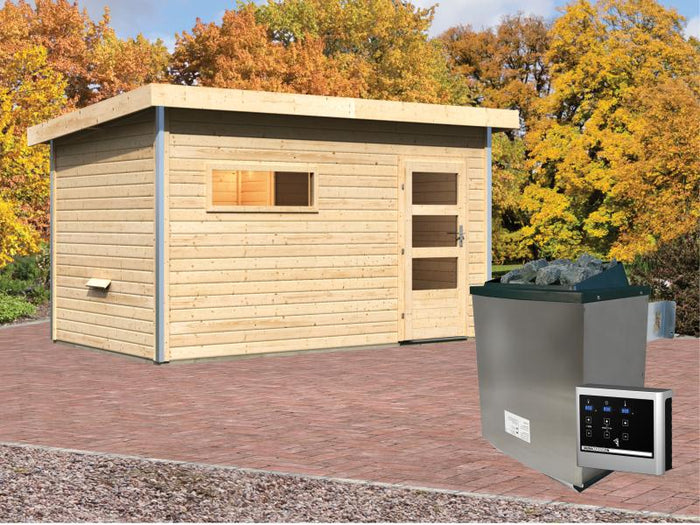 Karibu Saunahaus Skrollan 3 38 mm- 9 kW Ofen ext. Strg- moderne Tür