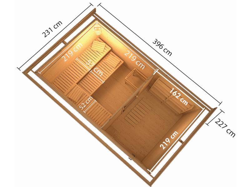 Karibu Saunahaus Skrollan 3 38 mm - 9 kW Ofen ext. Steuerung - klassische Tür