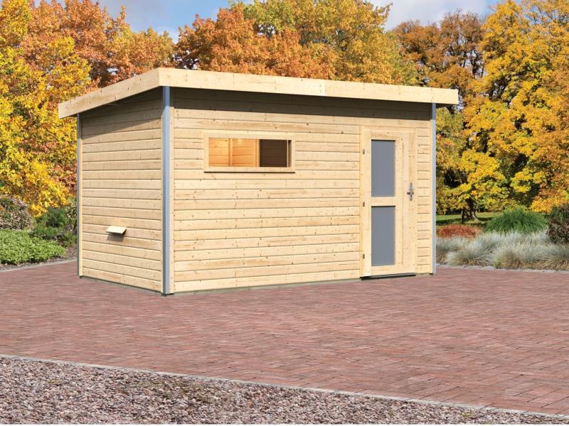 Karibu Saunahaus Skrollan 3 38 mm- ohne Ofen- Milchglastür