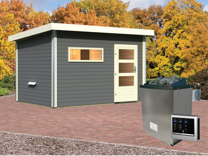 Karibu Saunahaus Skrollan 3 in terragrau 38 mm- 9 kW Ofen Ext. Strg - moderne Tür