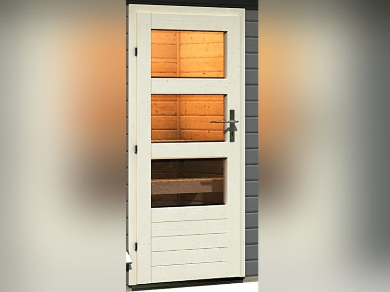 Karibu Saunahaus Skrollan 3 in terragrau 38 mm- 9 kW Ofen Ext. Strg - moderne Tür