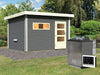 Karibu Saunahaus Skrollan 3 in terragrau 38 mm- 9 kW Bioofen Ext. Strg - moderne Tür