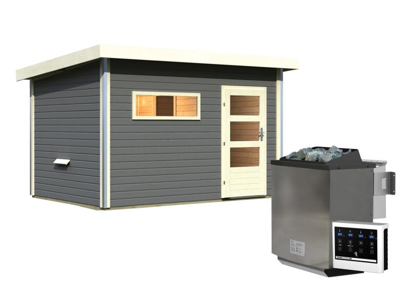 Karibu Saunahaus Skrollan 3 in terragrau 38 mm- 9 kW Bioofen Ext. Strg - moderne Tür