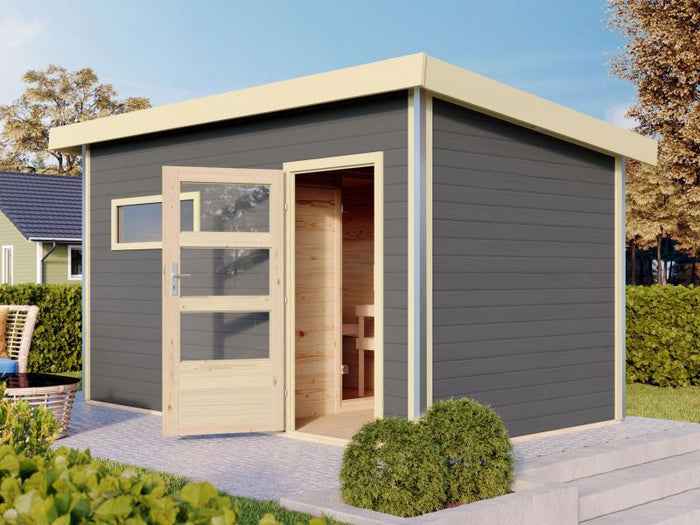 Karibu Saunahaus Skrollan 3 in terragrau 38 mm- 9 kW Bioofen Ext. Strg - moderne Tür