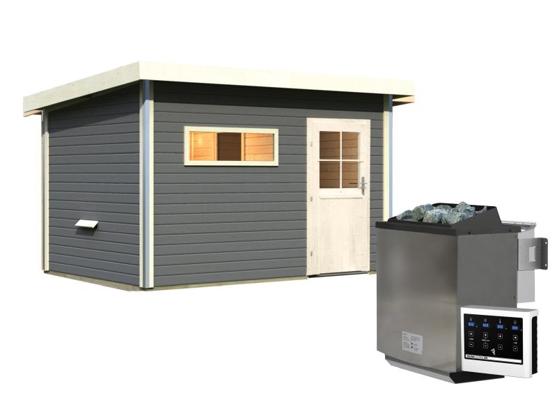 Karibu Saunahaus Skrollan 3 in terragrau 38 mm- 9 kW Bioofen Ext. Strg - klassische Tür